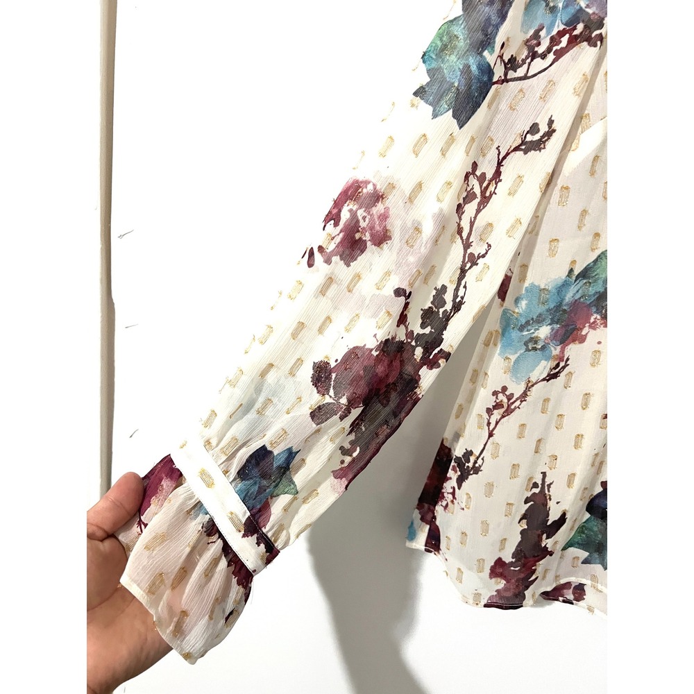 SOFT SURROUNDINGS Blouse Women S Cream Floral Ruffle Neck Chiffon Lurex  Boho - Picture 8 of 10